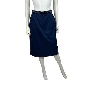 Vintage 80s Belted Skirt Womens Small Navy Blue Straight Knee Length