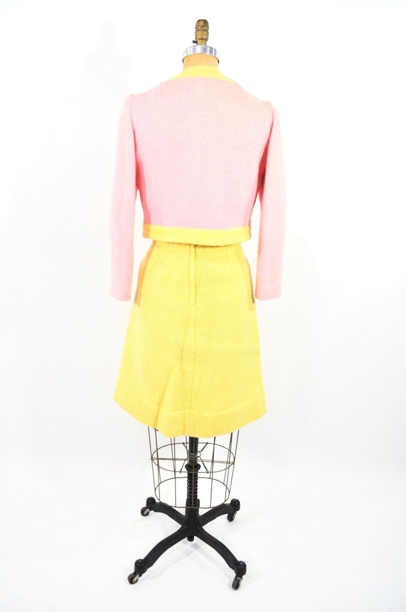 1960s mod suit pink yellow wool jacket skirt blouse vintage set W 25