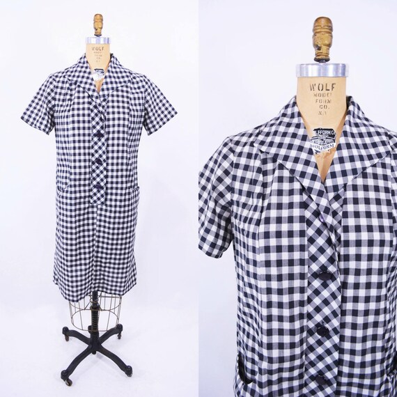Vintage 1960s Shift | Gingham Black White Dress |