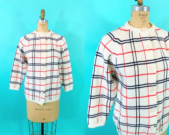 off white blue and red cardigan