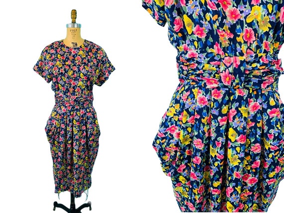 Vintage 1980s Floral Watercolor Dress 1940s Style… - image 1