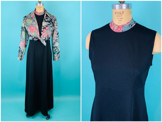 Vintage 1970s Dress Set | Floral Top Black Dress B