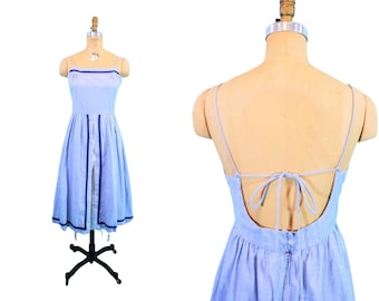 Vintage 1980s Backless Dress Tie Back Blue Chambray 80s does 50s Cottagecore | W 28"