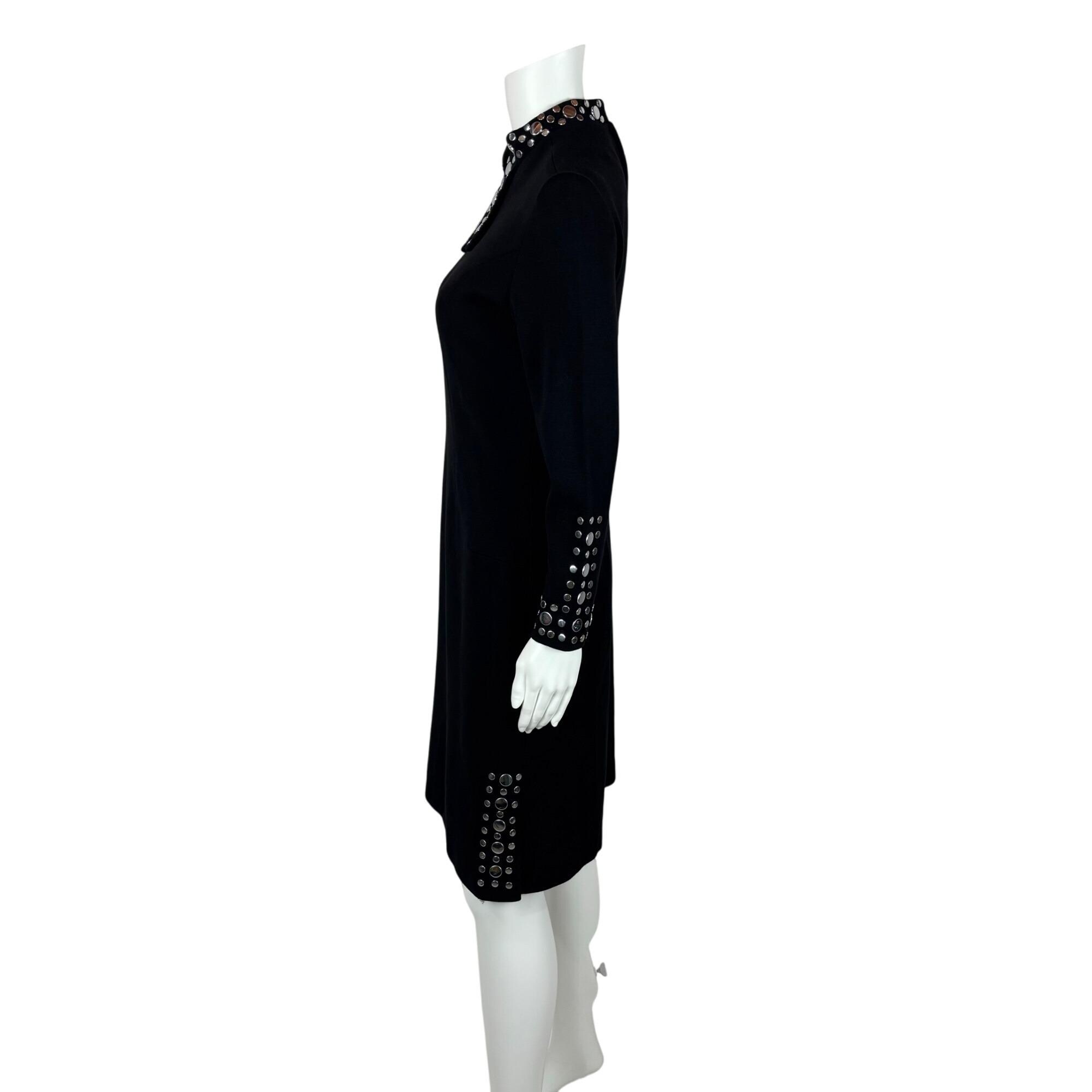 Vintage 60s Studded Dress Women's Extra Small Black Wool Silver Bow Neck Mod Shift