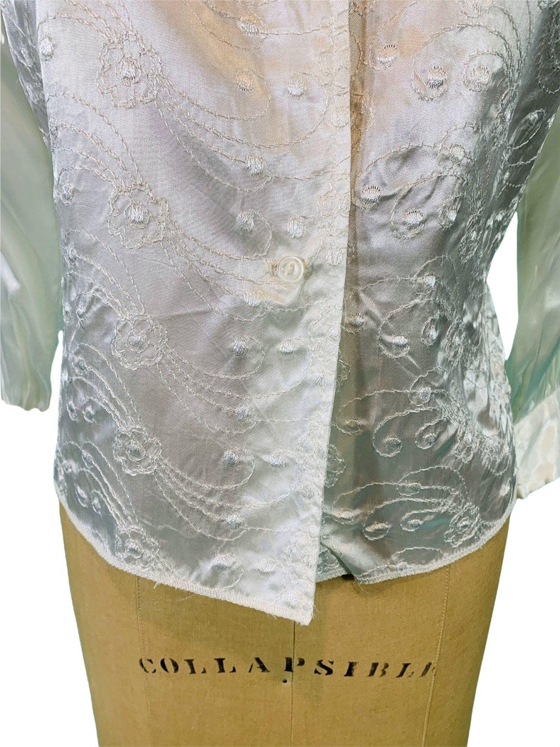 Vintage 1950s Satin Blouse White Embroidered Rhinestone Button Etsy