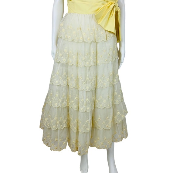 Vintage 1950s Prom Dress Pale Yellow Sash Embroid… - image 5