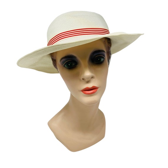 Vintage 1950s White Sun Hat Red Striped Ribbon Ch… - image 3