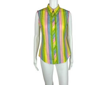 Vintage 70s Pastel Top Women's Medium Sleeveless Button Down Striped Blouse