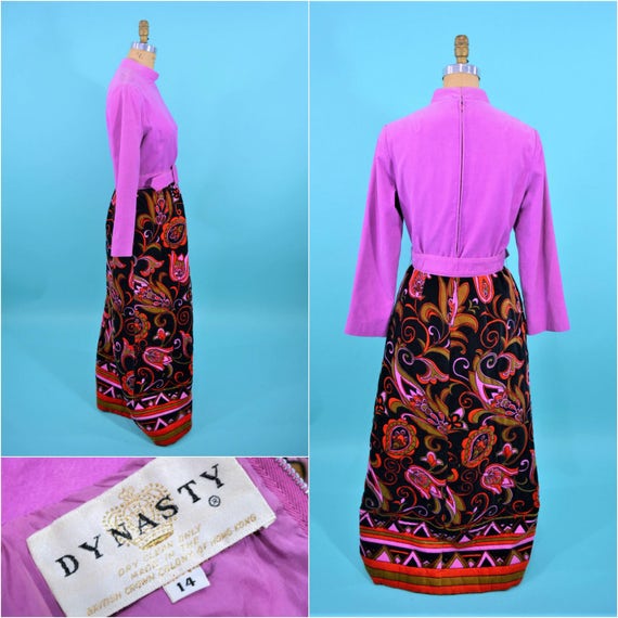 Vintage 1960s Quilted Maxi Dress Velvet Floral Sk… - image 5