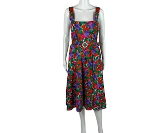 Vintage 80s Tropical Dress Women's Small Hibiscus Flower Print Belted Sundress Tiki Retro