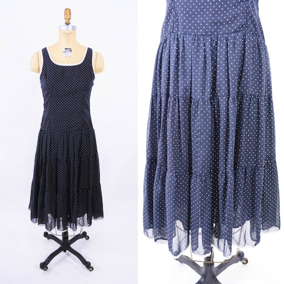 Vintage 1980s Dotted Dress | Black White Tiered Pr