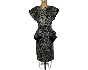 Vintage 80s Peplum Dress Womens Extra Small 40s Style Leopard Print Wiggle