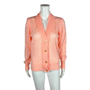 Vintage 60s Peach Cardigan Women&#39;s Small Floral Pointelle Acrylic Sweater