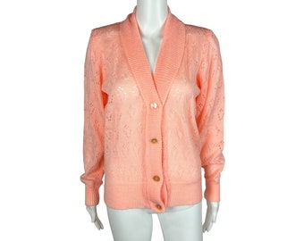 Vintage 60s Peach Cardigan Women's Small Floral Pointelle Acrylic Sweater