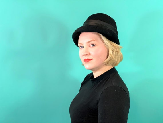 Vintage 1950s Black Fedora Henry Pollak Satin Bow… - image 4