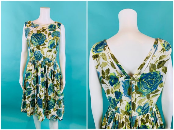 SmallMedium Vintage 60/'s Sleeveless Blue /& Green Saturated Cabbage Rose Floral Dress with Bubble Hem Skirt and Big Waist Bow by Rosenfeld