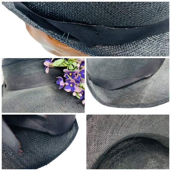 Vintage 1940s Purple Flower Hat Black Straw Cloche Macy display picture 2
