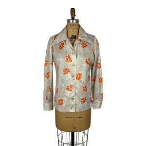 Vintage 70s Floral Shirt Womens XL Orange Flowers Polyester Long Sleeve Button Up