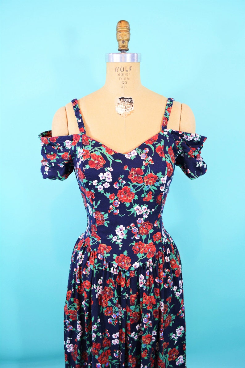 1980s sun dress off shoulder sweetheart neckline floral vintage dress W 24-31 image 4