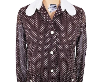 Vintage jaren 60 bruine blouse met polkadots en doorschijnende mouwen | B39"