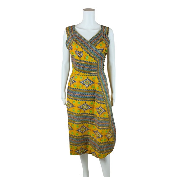 Vintage 1950s Wrap Dress Cotton Floral Mustard Ye… - image 2