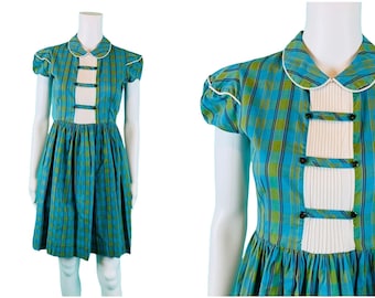 Vintage 1940s Blue Green Plaid Dress Puff Sleeve Shirtdress | W 28"