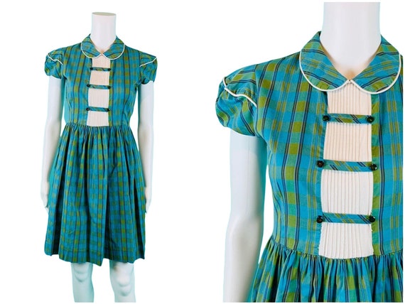 Vintage 1940s Blue Green Plaid Dress Puff Sleeve … - image 1