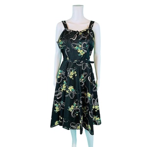 Vintage 50s Party Dress Womens XS Black Yellow Floral Print Belted Taffeta