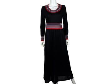 Vestido largo de rayas estilo años 70, talla pequeña para mujer, negro y rojo, manga larga, de punto.