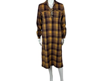 Vintage 70s Wool Dress Women's M Mustard Brown Checkered Peroche Paris Yoke Grunge Shift