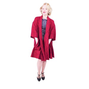 Vintage 80s Swing Coat Womens Red Plaid Window Pane Draped Open Slouchy