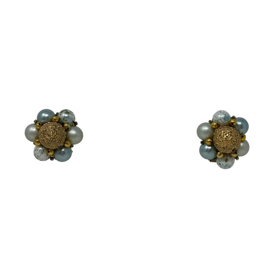 Vintage Cluster Clip on Earrings 50s Gold Light Blue Round