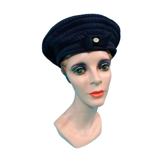 Vintage 1940s Navy Hat Blue Bow Button Round Beret - image 1