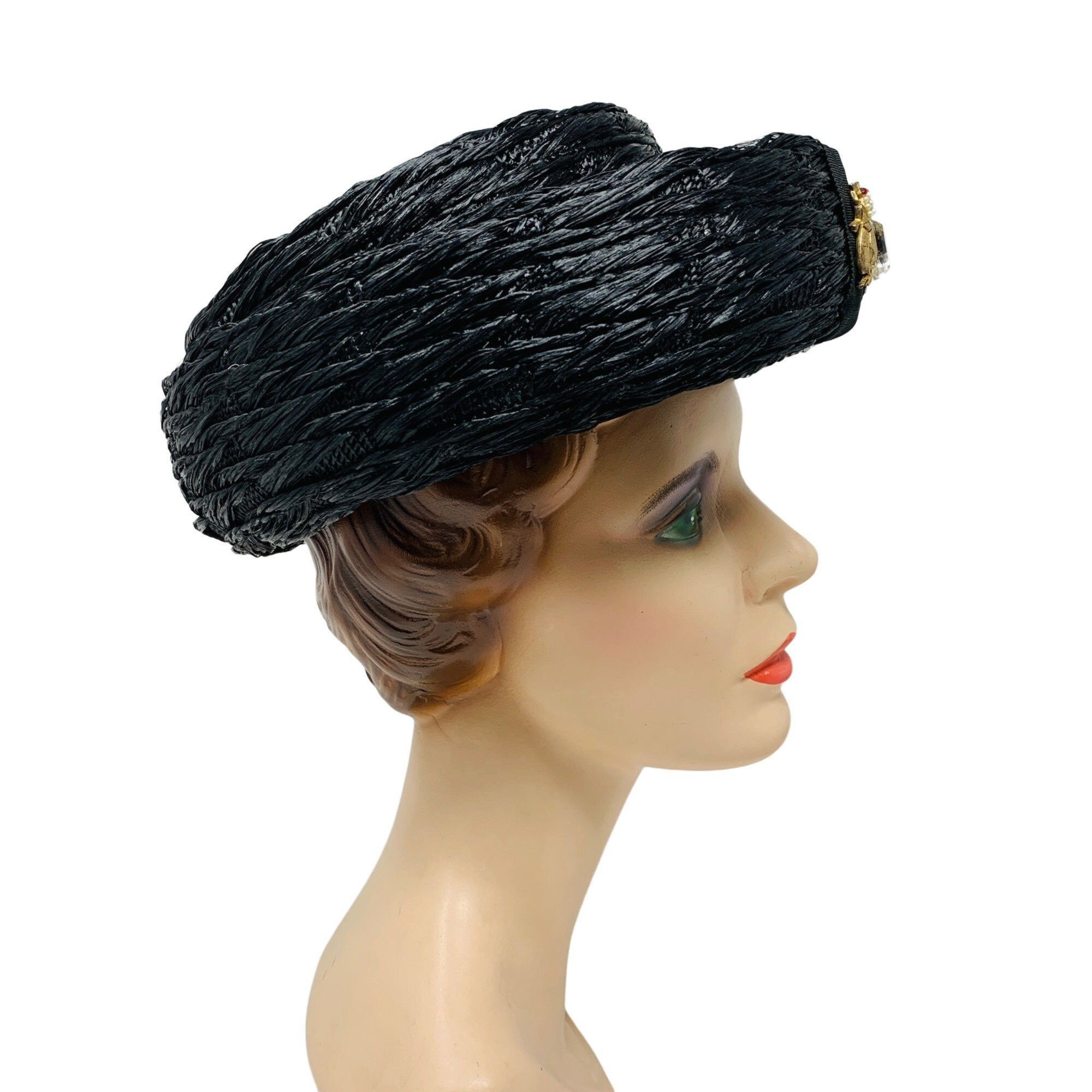 Vintage 1950s Round Black Straw Hat Rhinestone Fly Detail 