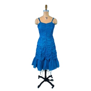 Vintage 50s Cocktail Dress Womens Small Blue Chiffon Bombshell Ruched Party