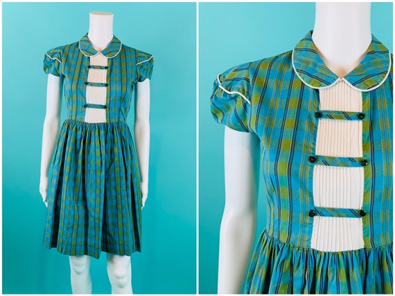 Vintage 1940s Plaid Dress | Blue Green Puff Sleeve