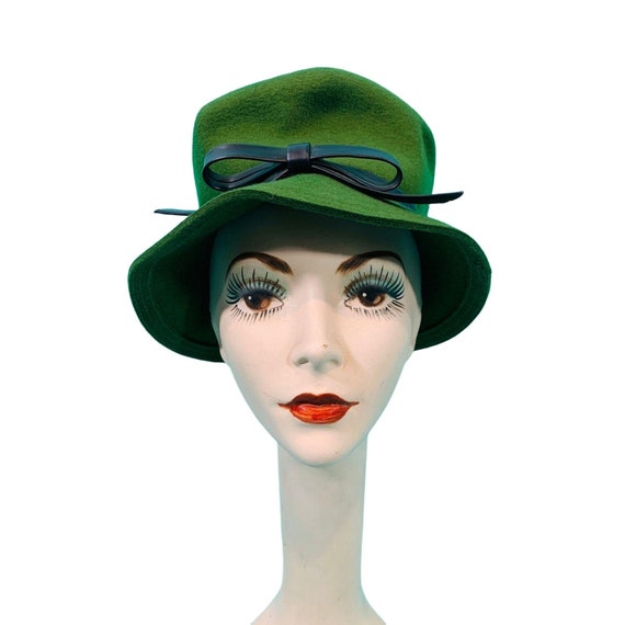 Vintage 1960s Green Hat Tall Mod Wool Bowler Hat - Gem