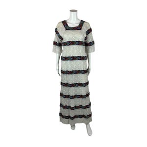 Vintage 70s Crochet Dress Women&#39;s Small White Tiered Colorful Floral Trim Maxi Hippie Boho