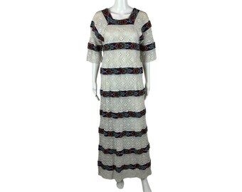 Vintage 70s Crochet Dress Women's Small White Tiered Colorful Floral Trim Maxi Hippie Boho