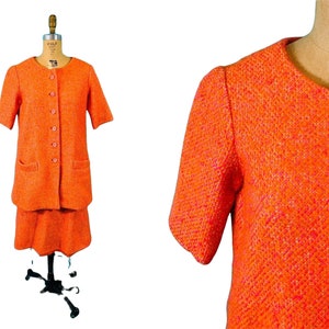 Vintage 60s Suit Set Womens XS Pink Orange Mod Jacket Skirt Knit Outfit