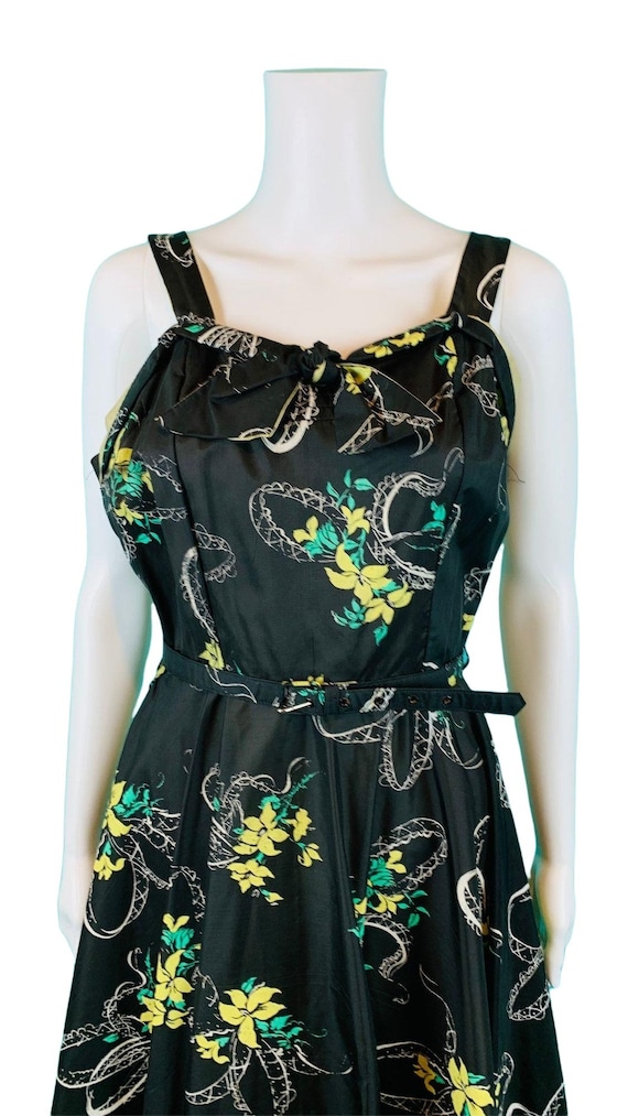 Vintage 1950s Party Dress Black Yellow Floral Pri… - image 3