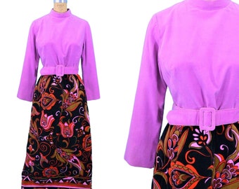 Vintage 1960s Quilted Maxi Dress Velvet Floral Skirt Dynasty Hong Kong | W 30"