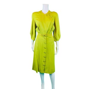 Vintage 40s Lime Dress Womens XXS Green Gabardine Asymmetrical Buttons Belted