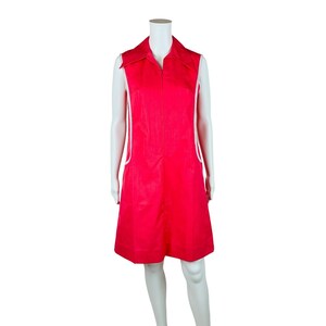 Vintage 1960s Zip Up Shift Dress Hot Pink White Trim Uniform Curved Pockets | B 35&quot;