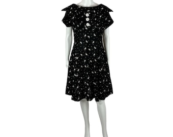 Vintage 50s Atomic Dress Women's Medium Black Leaf Print Wide Collar Fit And Flare