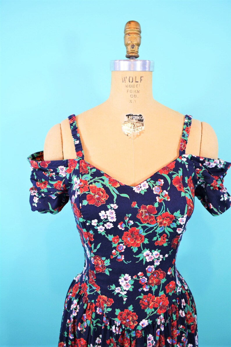 1980s sun dress off shoulder sweetheart neckline floral vintage dress W 24-31 image 5