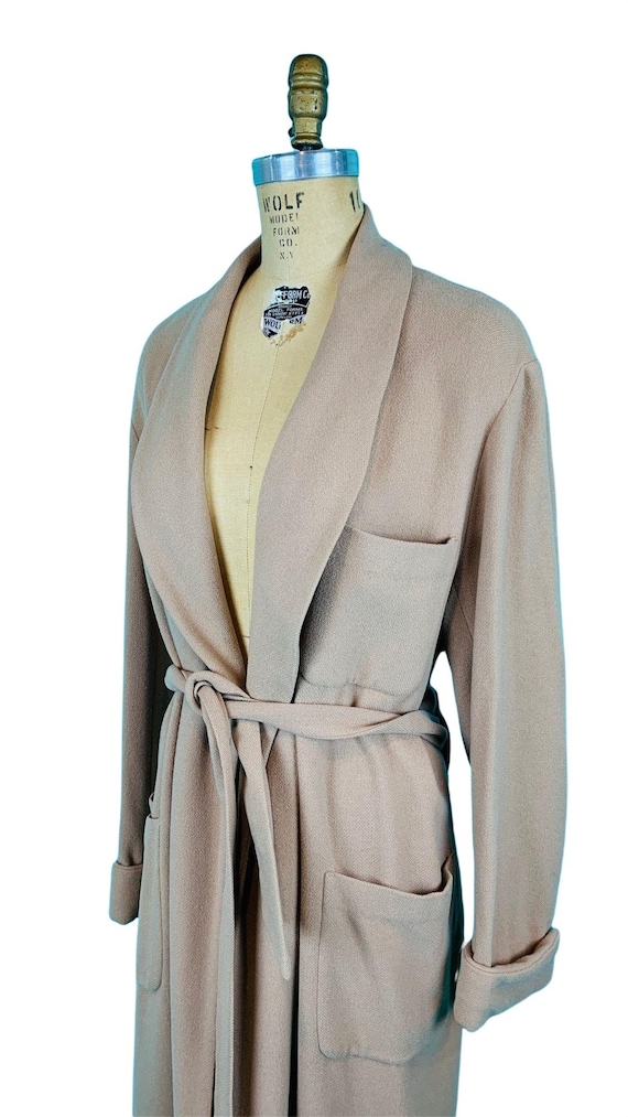 Vintage 1940s Khaki Open Robe Coat Belted Wool Ov… - image 5