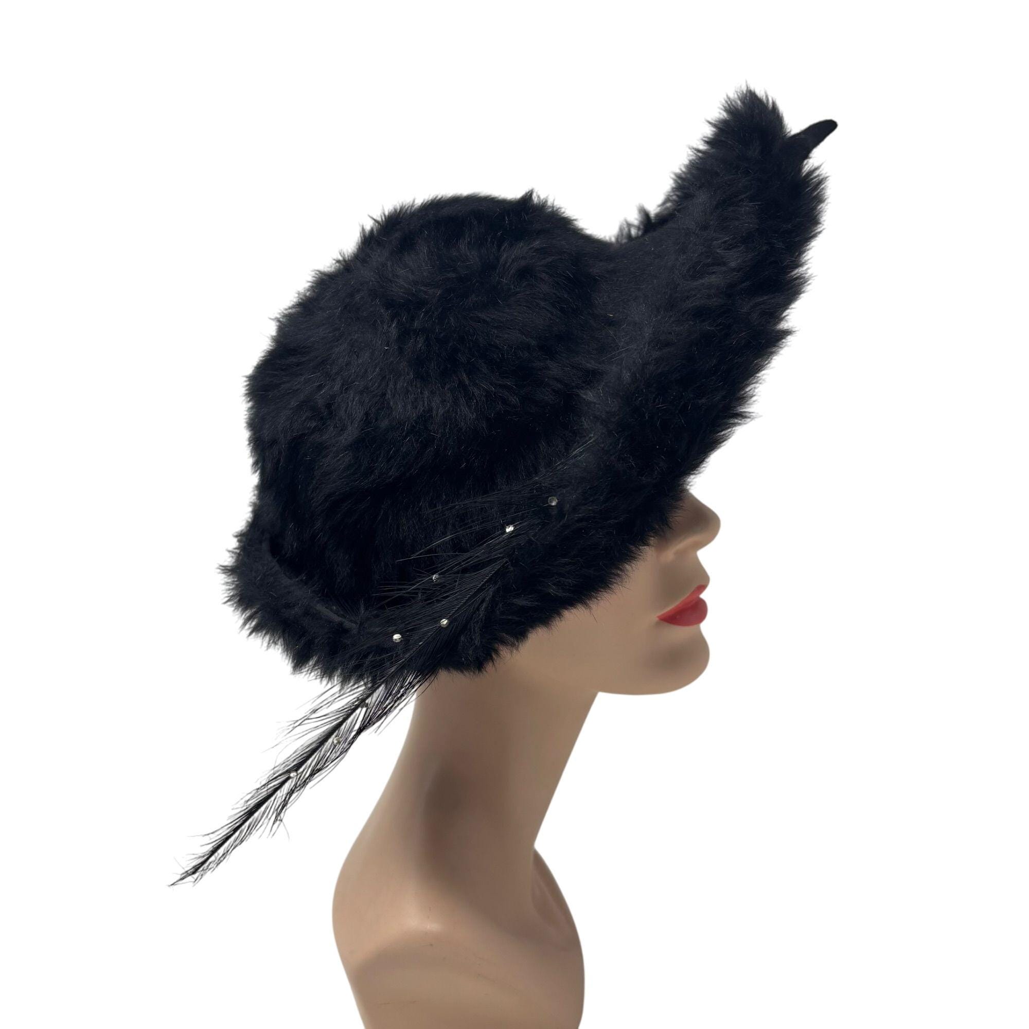 Vintage 50s Faux Fur Hat Black Wide Brim Rhinestone Feather Dramatic Glamorous Vintage 50s Faux Fur Hat Black Wide Brim Rhinestone Feather  main image 2
