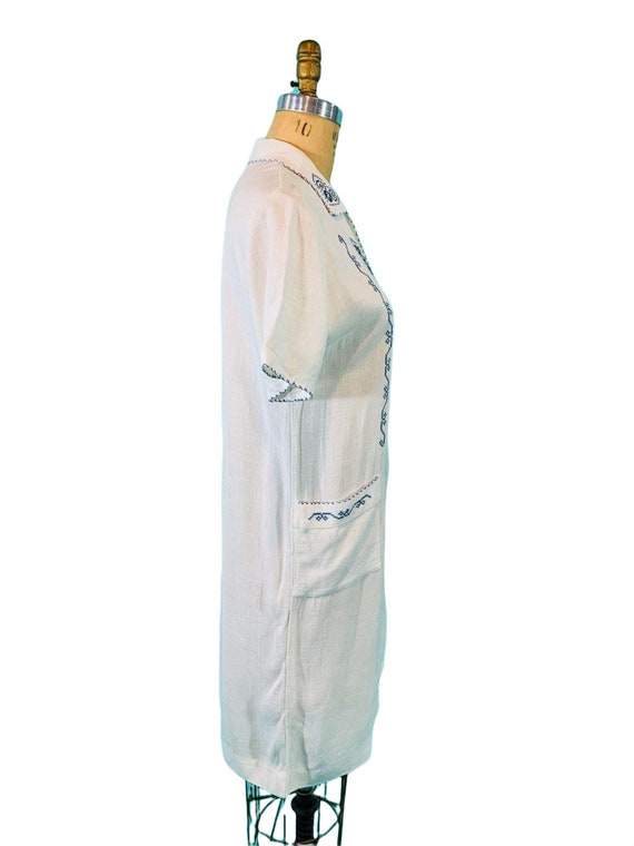 Vintage 1970s Linen Dress Blue White Embroidered … - image 7