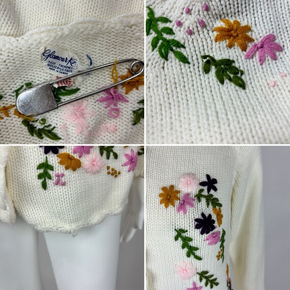 Vintage 60s Floral Cardigan Embroidered Cream Multi Color Acrylic